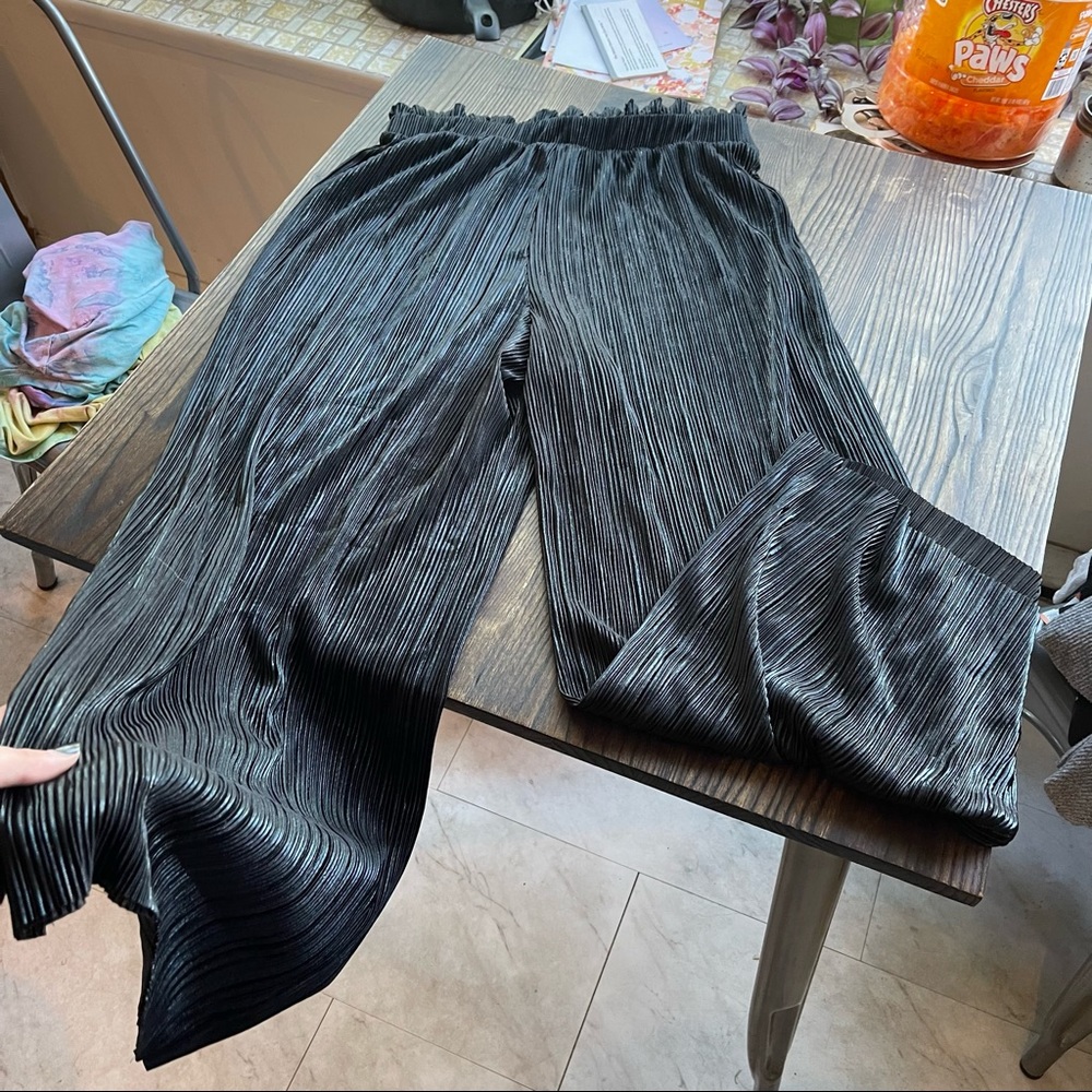 Pleated High Waisted Wide Leg Pants Black Accordion Pleat Stretchy Loose Flowy